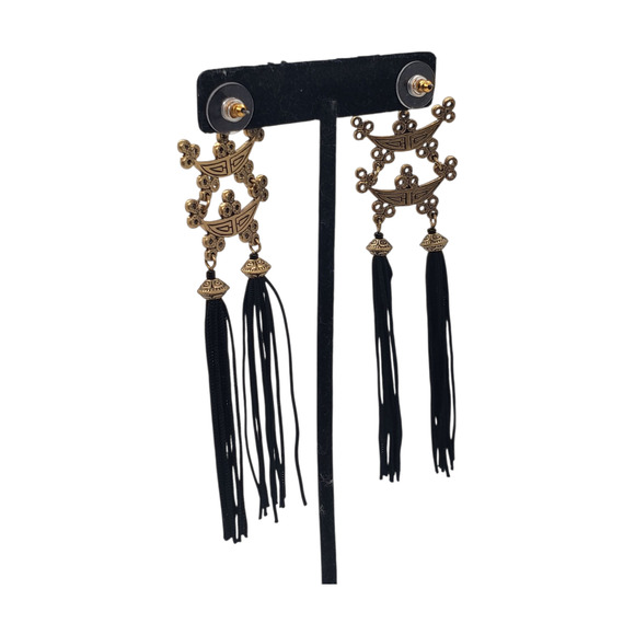 Asian Inspired Dangle Earrings Gold Tone Black Tassel Long Drop Pierced Fringe - Picture 1 of 12